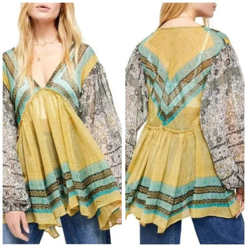 FREE PEOPLE Women's Large Aliya Sheer Gold Teal Floral Babydoll Boho Tunic Top